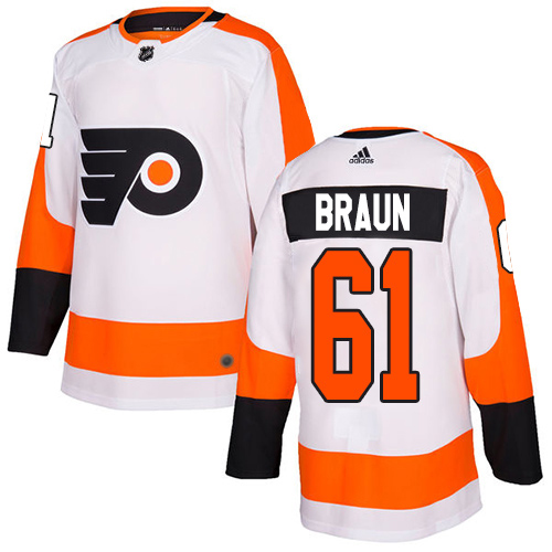 Adidas Flyers #61 Justin Braun White Road Authentic Stitched Youth NHL Jersey